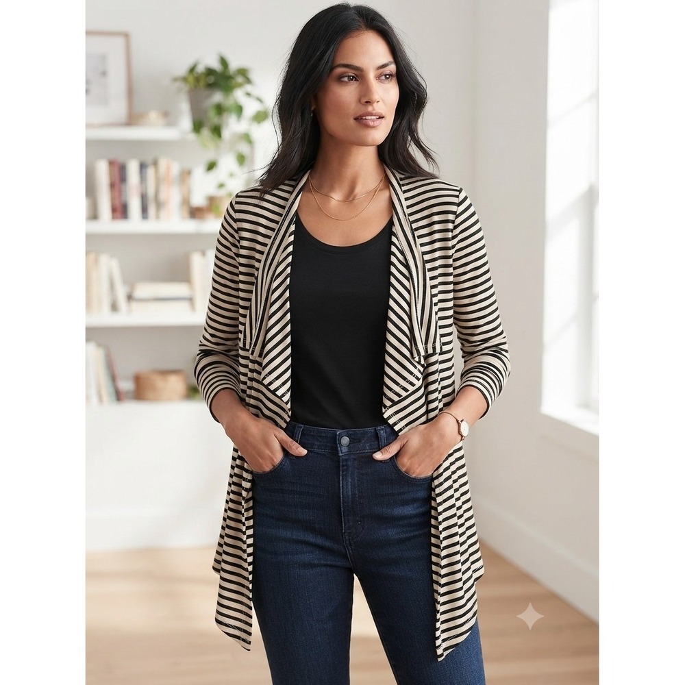 New Karen Kane Small Striped Flowy Kimono Cardigan Drape Waterfall Boho Layer